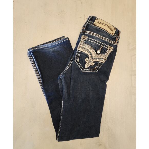 Rock Revival Women's Denim Betty Mid-Rise Boot SZ 28 Dark Wash Rhinestones - Picture 1 of 10